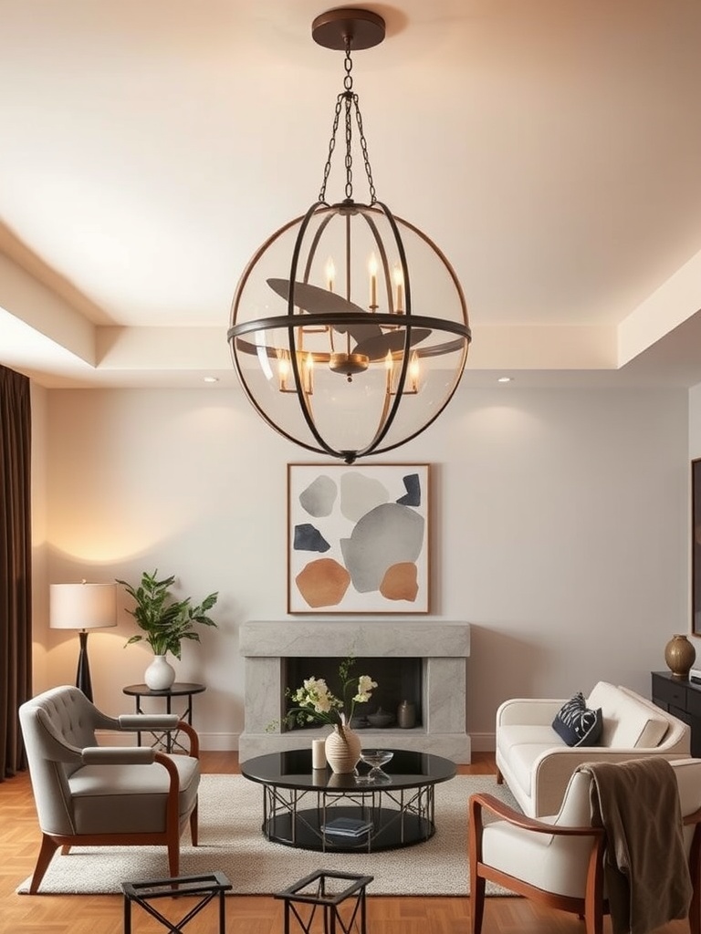 Mid-century modern living room featuring a globe chandelier, stylish furniture, and warm decor.