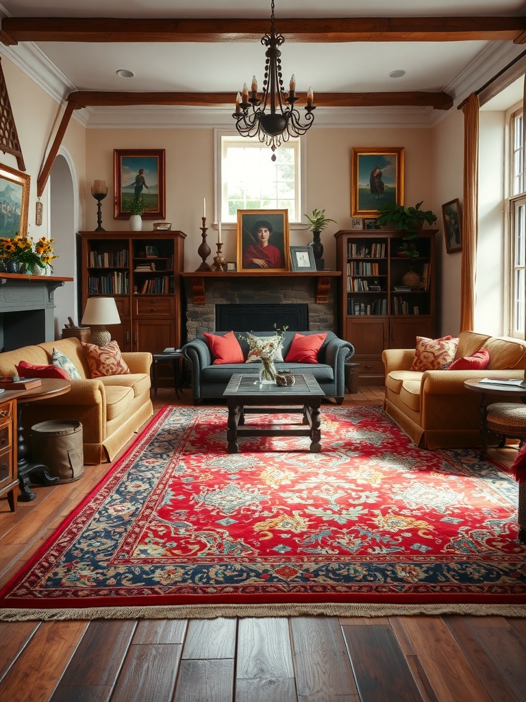 A classic living room featuring a vibrant statement rug, cozy sofas, and elegant decor.