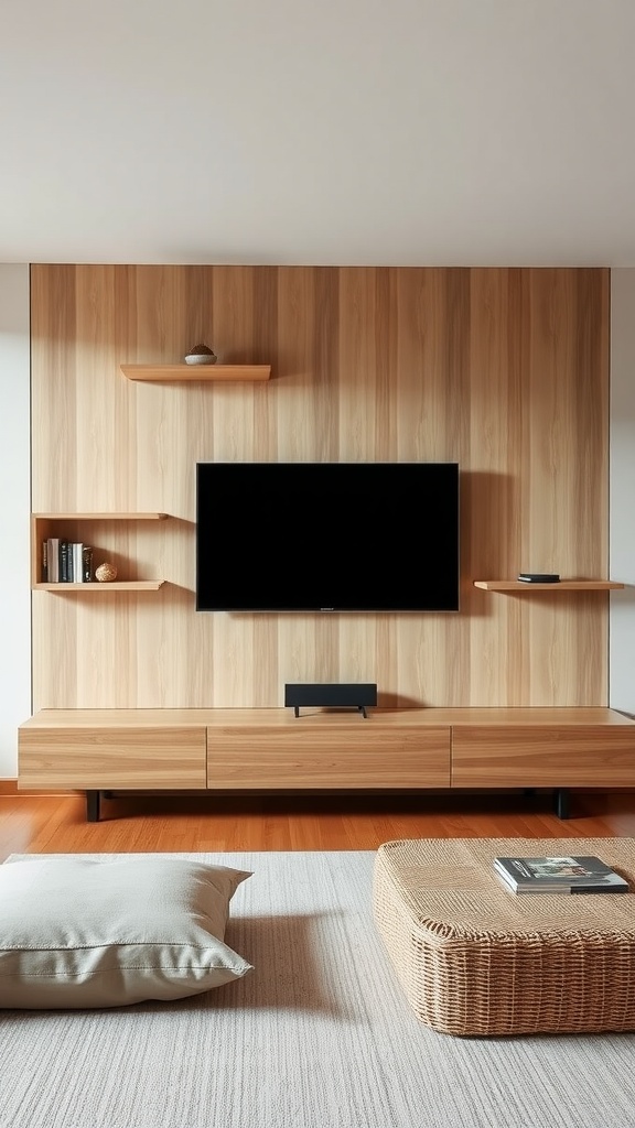 A sleek TV wall design featuring wooden paneling, a mounted TV, and minimal decor