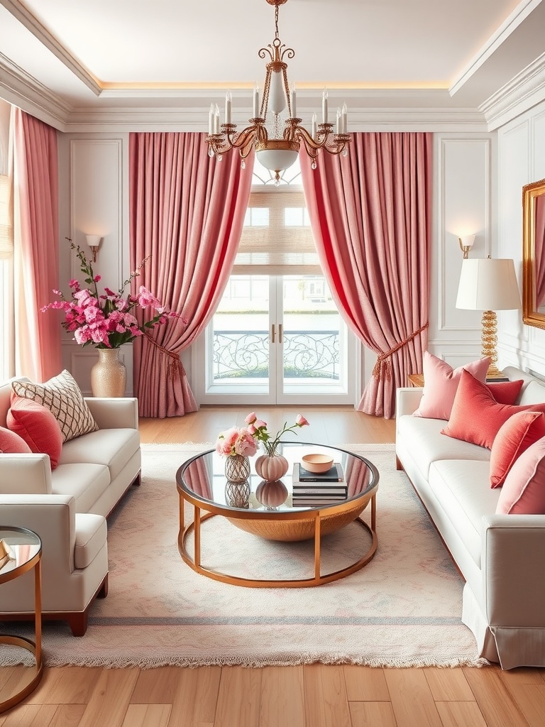 A living room featuring pink curtains, white sofas, and a wooden coffee table with decorative items.