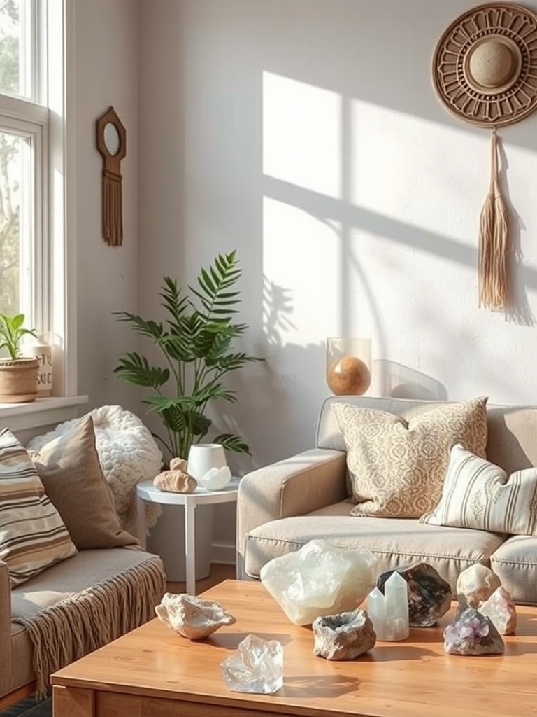 A cozy boho living room with crystals on a coffee table, plants, and soft sunlight.