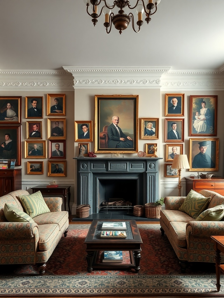 Living room with a gallery of family portraits on the wall, featuring a dark fireplace and comfortable seating.