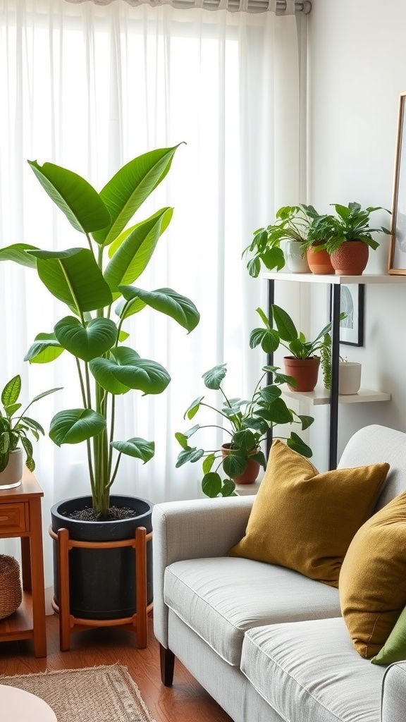 A cozy Japandi living room with indoor plants, a sofa, and natural light.