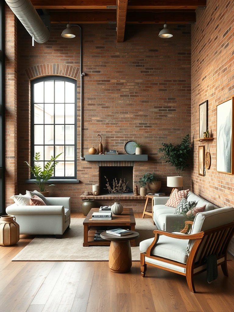 An industrial farmhouse living room featuring exposed brick walls, cozy furniture, and plants.