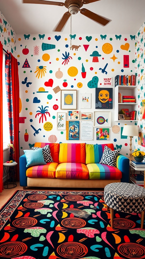 A colorful living room featuring a striped couch, vibrant wall art, and bold patterns.