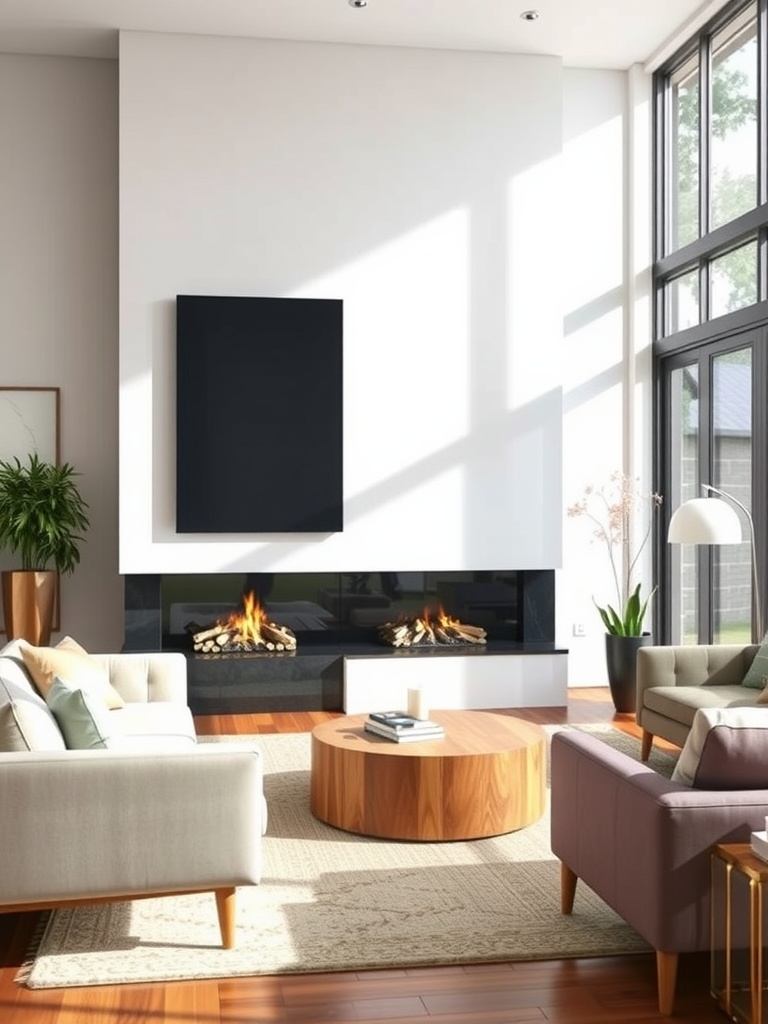 A stylish mid-century modern living room featuring a wall-mounted fireplace, cozy furniture, and natural light.