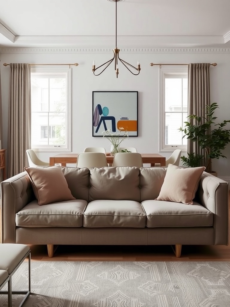 A living room with a sofa and dining table behind it, showcasing a harmonious flow in design.