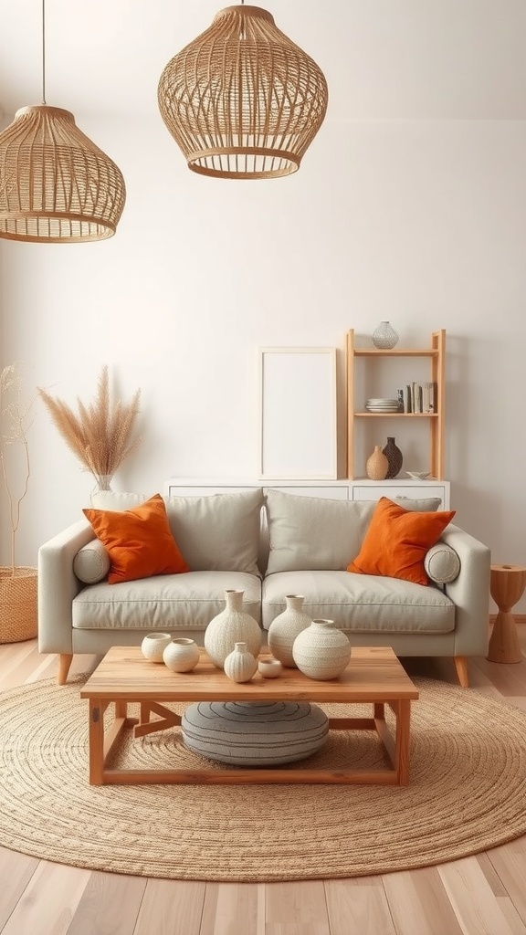 Cozy Japandi living room with earth-tone palette and minimalist decor.