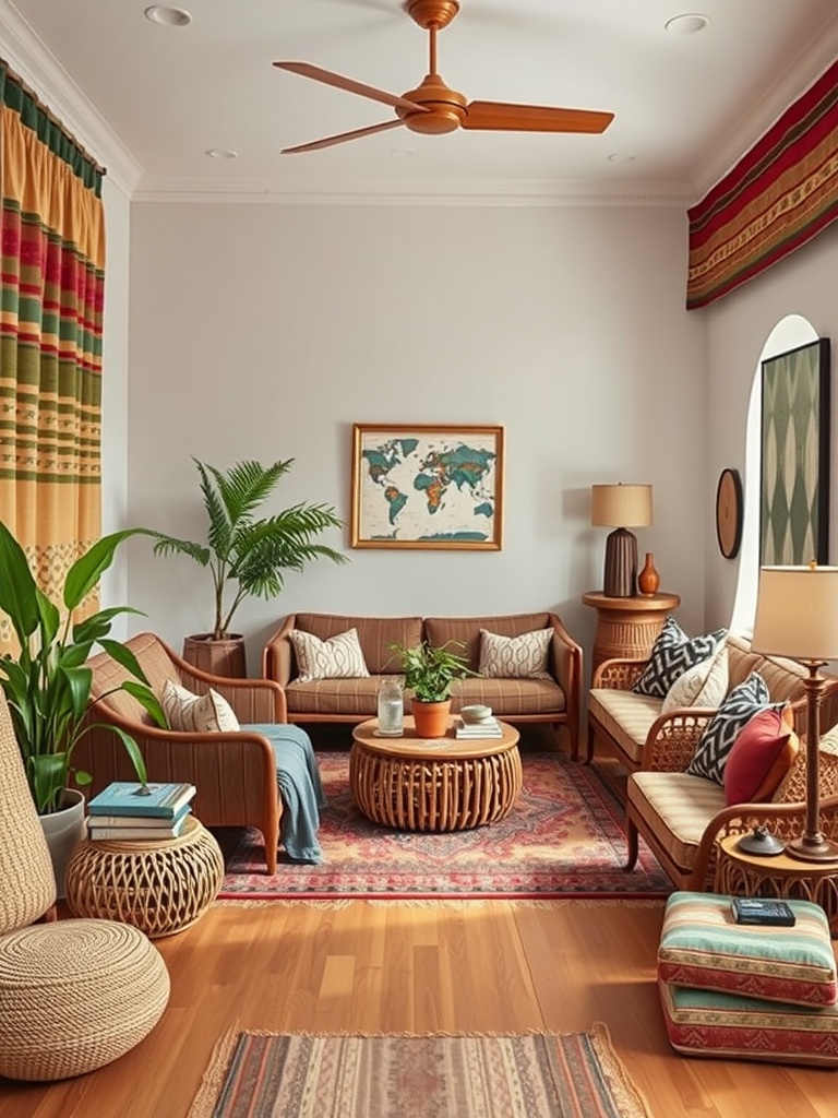 An earthy living room with wooden furniture, a round woven coffee table, vibrant curtains, and green plants.