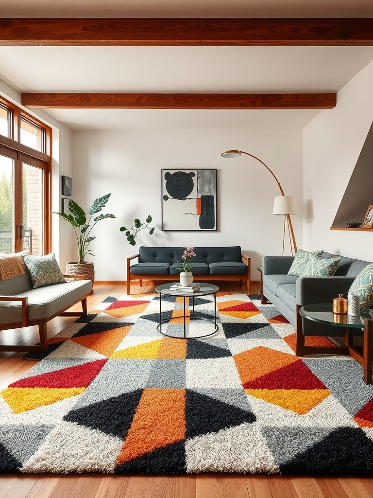 A stylish mid-century modern living room featuring a geometric rug, cozy sofas, and natural light.