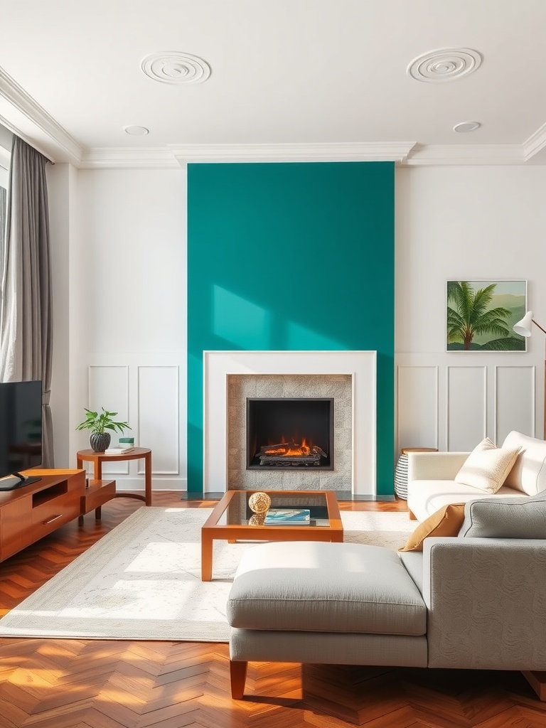 A modern living room featuring a teal accent wall, white furniture, and a cozy fireplace.