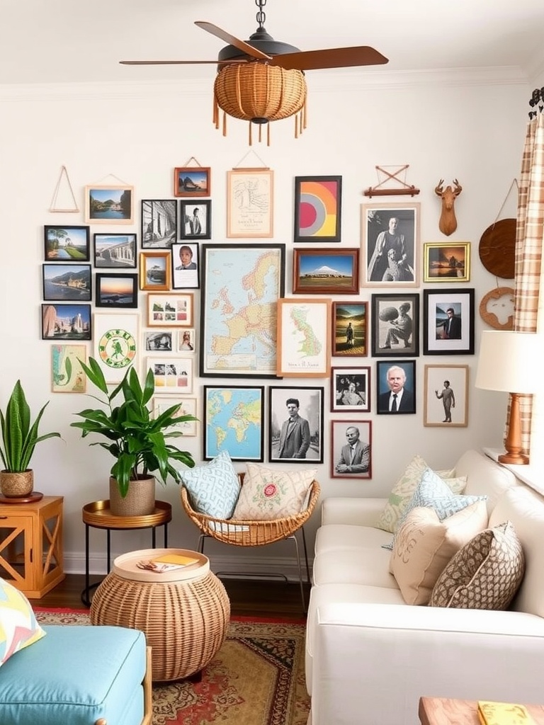 Cozy living room with a gallery wall featuring framed pictures and maps, soft furniture, and a warm color palette.