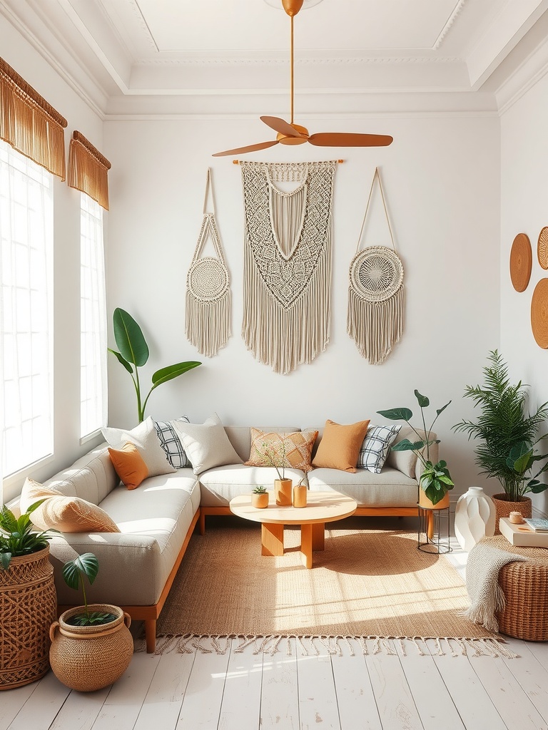 A modern bohemian living room featuring a sectional sofa with decorative pillows, macramé wall hangings, and plants.