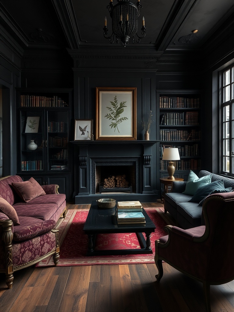 A dark academia living room with dark walls, vintage furniture, and botanical artwork.