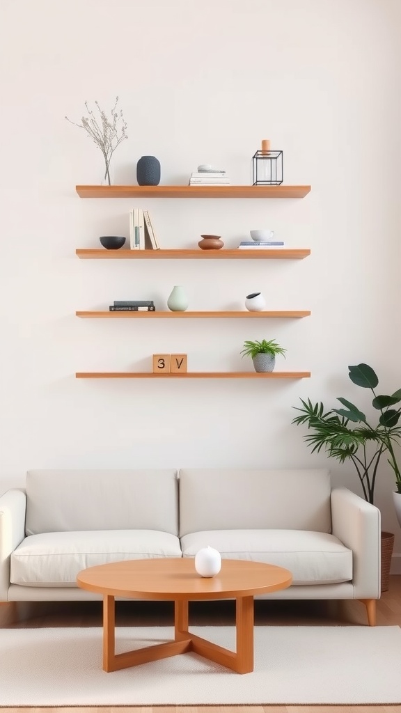 A cozy Japandi living room with floating wooden shelves displaying decorative items and plants, complemented by a soft beige sofa and a round coffee table.