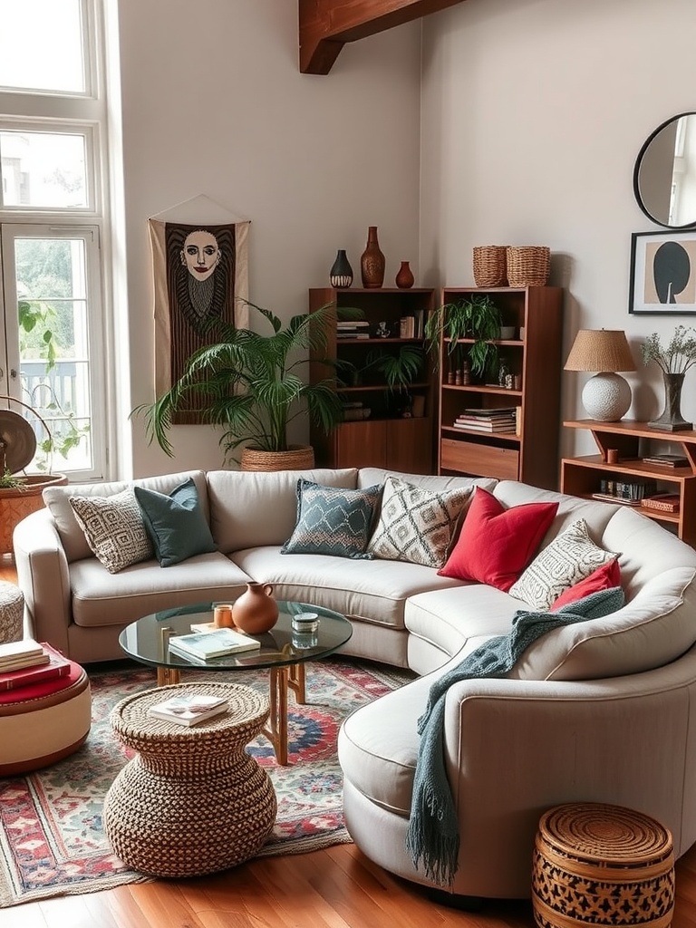 A cozy living room featuring a curved beige sofa with colorful pillows, a round coffee table, and decorative elements.