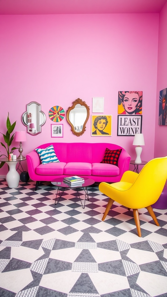 A colorful living room featuring a pink couch, yellow chair, and playful decor.