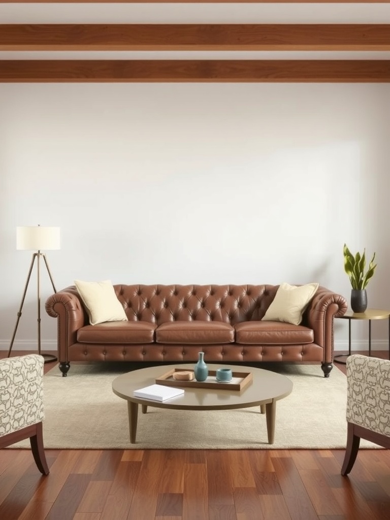 Mid-century modern living room featuring a tufted brown leather sofa, patterned accent chairs, and a round coffee table.