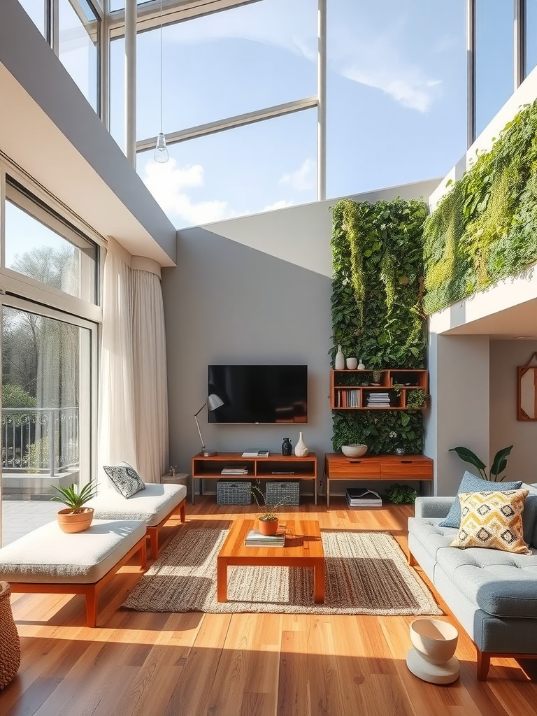 A bright and airy living room featuring large windows, wooden flooring, light furniture, and a green wall filled with plants.