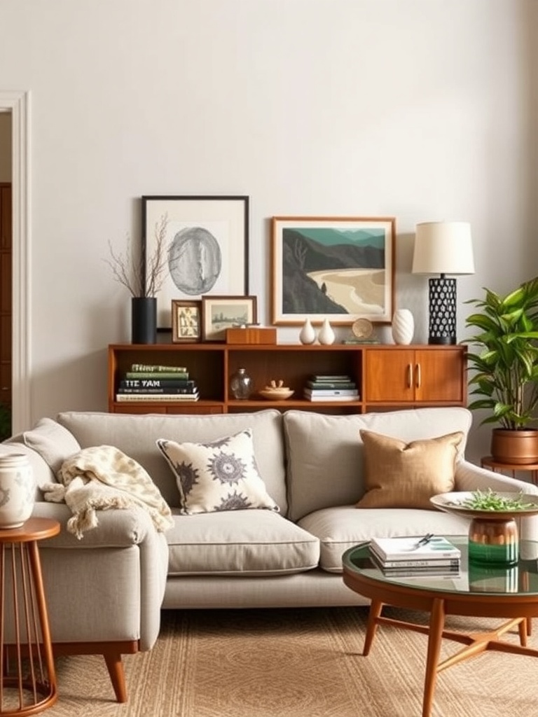 Mid-century modern living room featuring a neutral sofa, console table with art, and green plant.