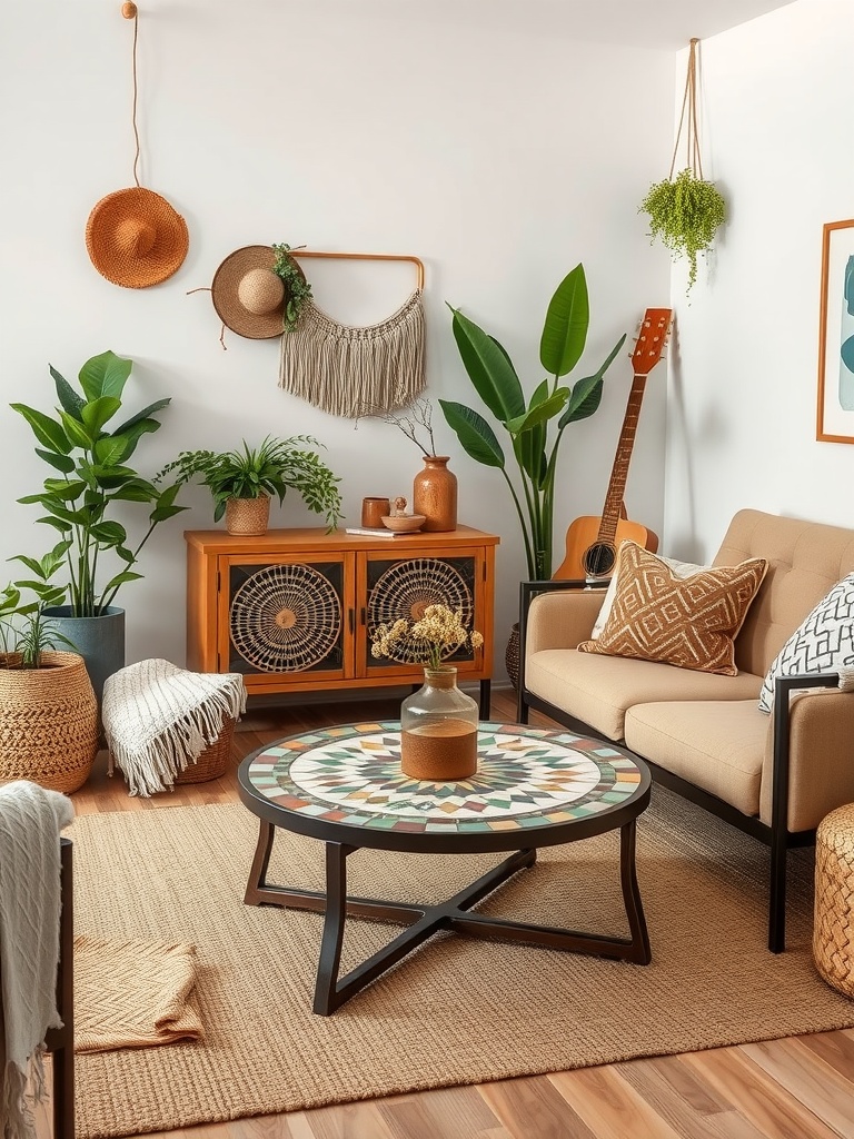 A cozy bohemian living room nook featuring a mosaic coffee table, plants, and warm decor.