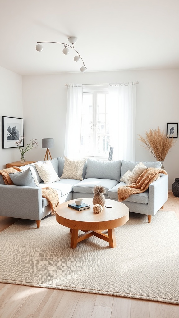 Cozy and minimalist Japandi inspired living room showcasing a blue couch, wooden coffee table, and natural light.