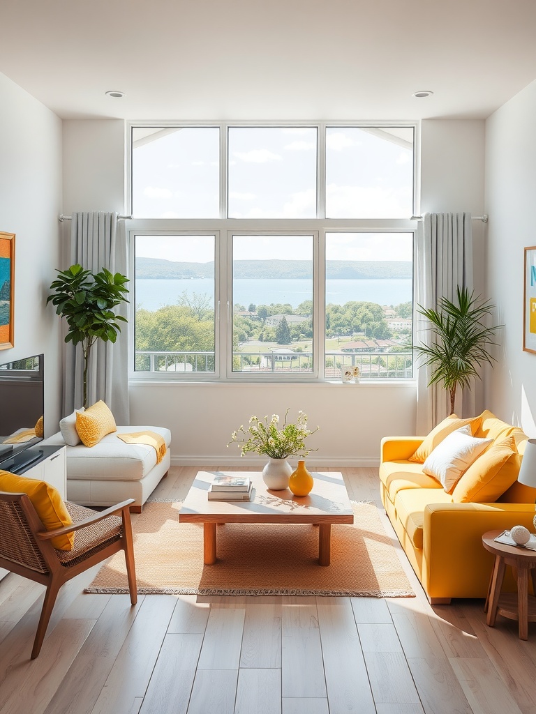 A bright living room featuring a yellow sofa, white chaise lounge, wooden coffee table, and large windows with a scenic view.