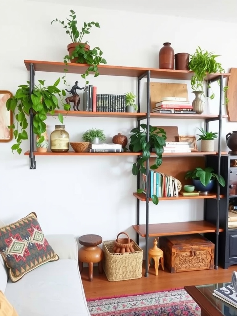 DIY pipe shelving in a boho living room, featuring wooden shelves and plants.