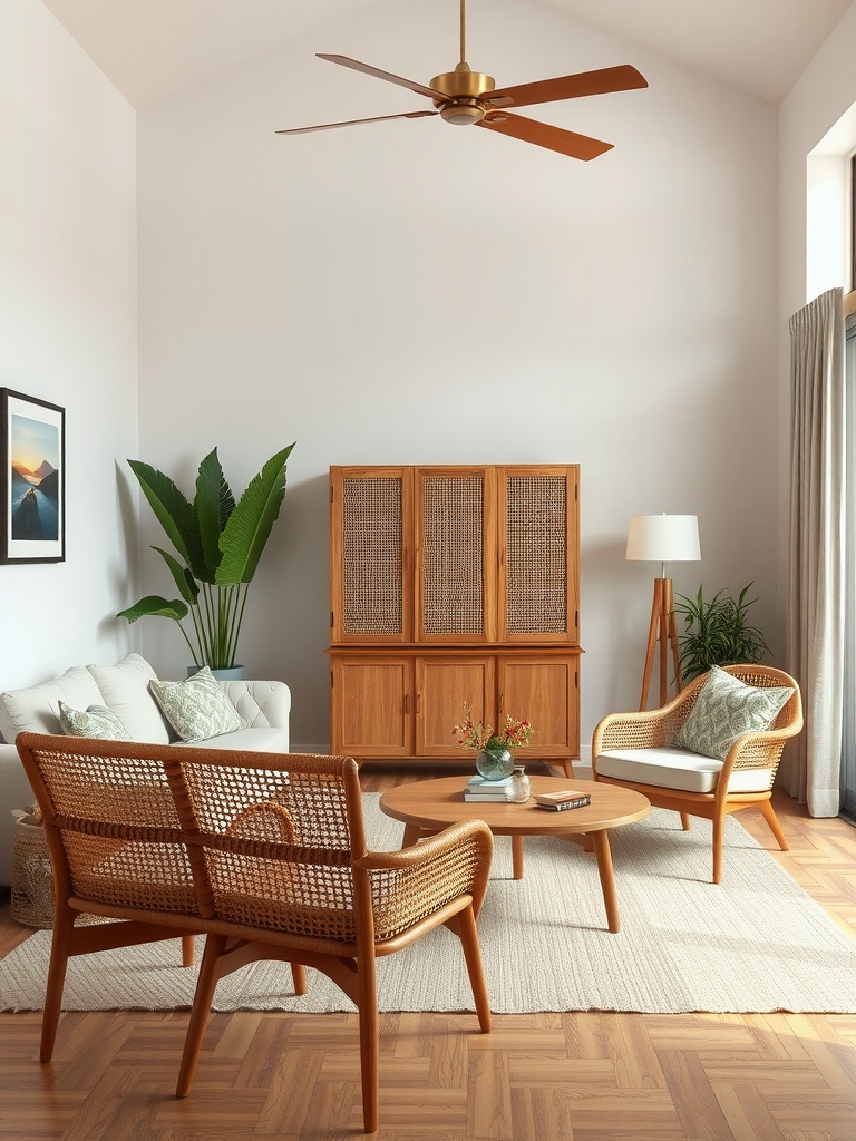 Mid-century modern living room featuring cane furniture, a round coffee table, and a leafy plant.