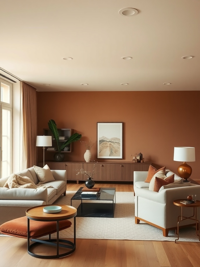 A cozy monochromatic earthy living room with brown walls, neutral furniture, and natural decor.