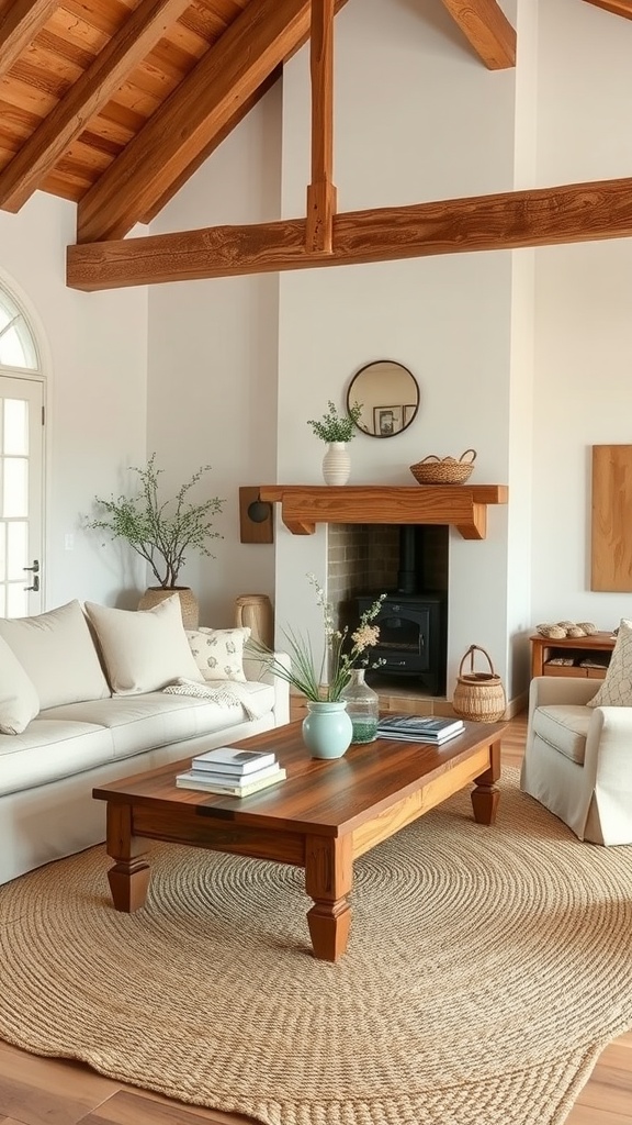 A cozy living room featuring rustic farmhouse and Japandi design elements, including wooden beams, light sofas, a round woven rug, and a wooden coffee table.