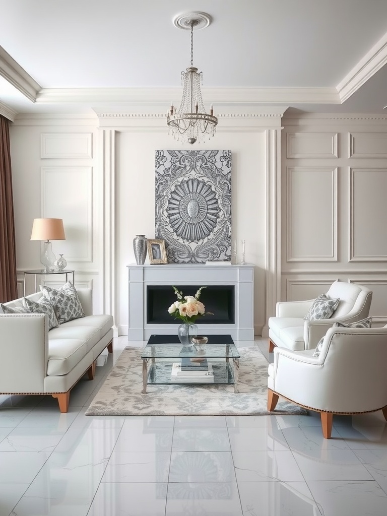 A modern living room with white sofas, a glass coffee table, and a chandelier, showcasing a blend of silver, white, and brown decor elements.