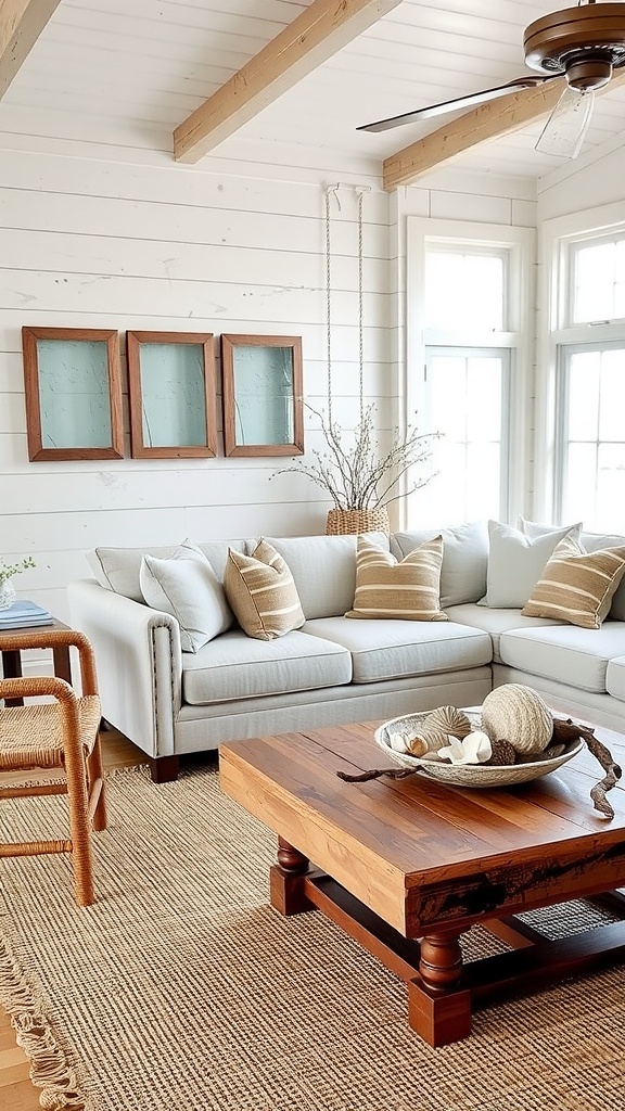 Coastal farmhouse living room featuring a light sofa, jute rug, rattan chair, and wooden coffee table