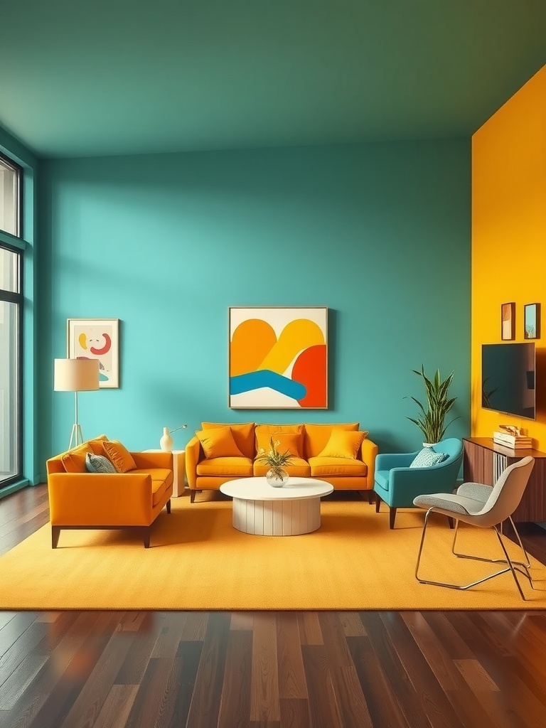 A vibrant living room with teal and orange walls, yellow and turquoise furniture, and geometric artwork.