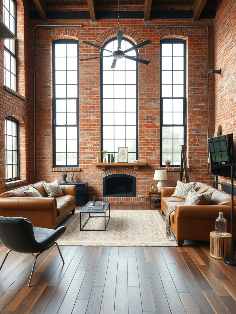 Living room with exposed brick walls, large windows, and rich leather furniture