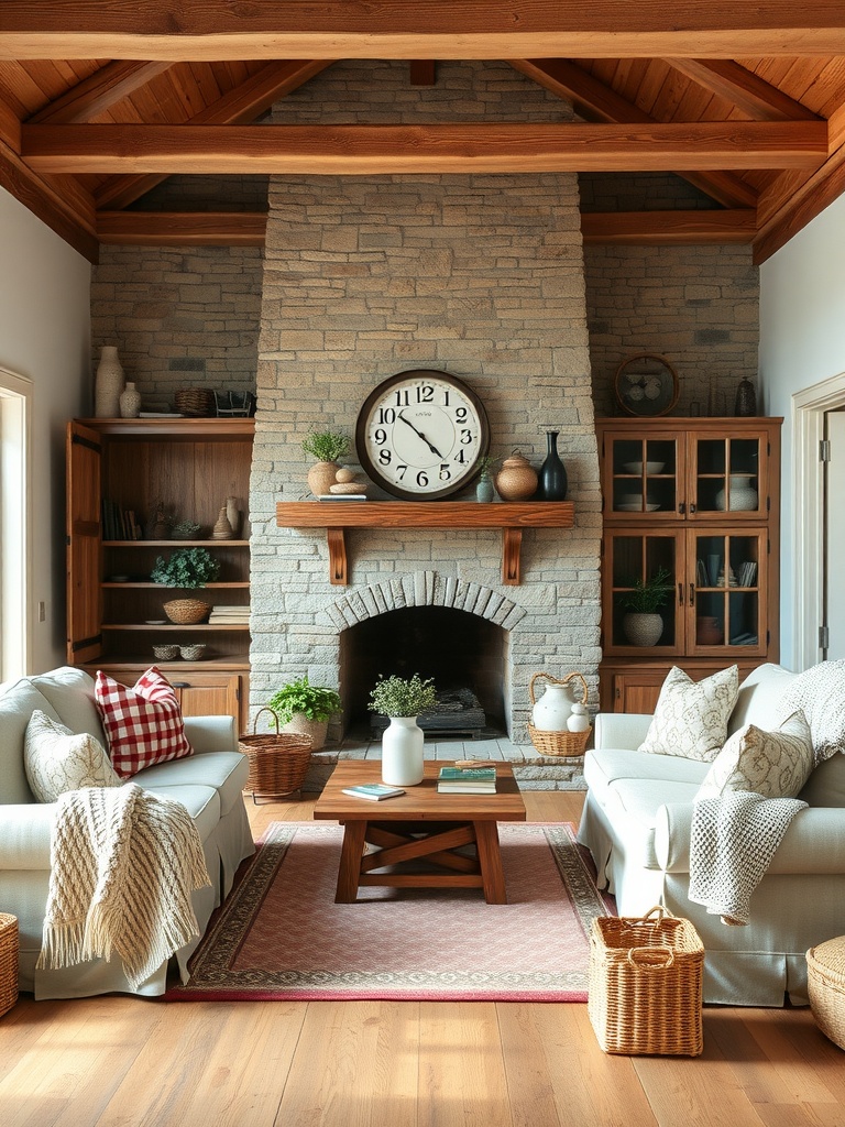 Cozy farmhouse living room featuring stone fireplace, wooden beams, light sofas, and rustic decor.