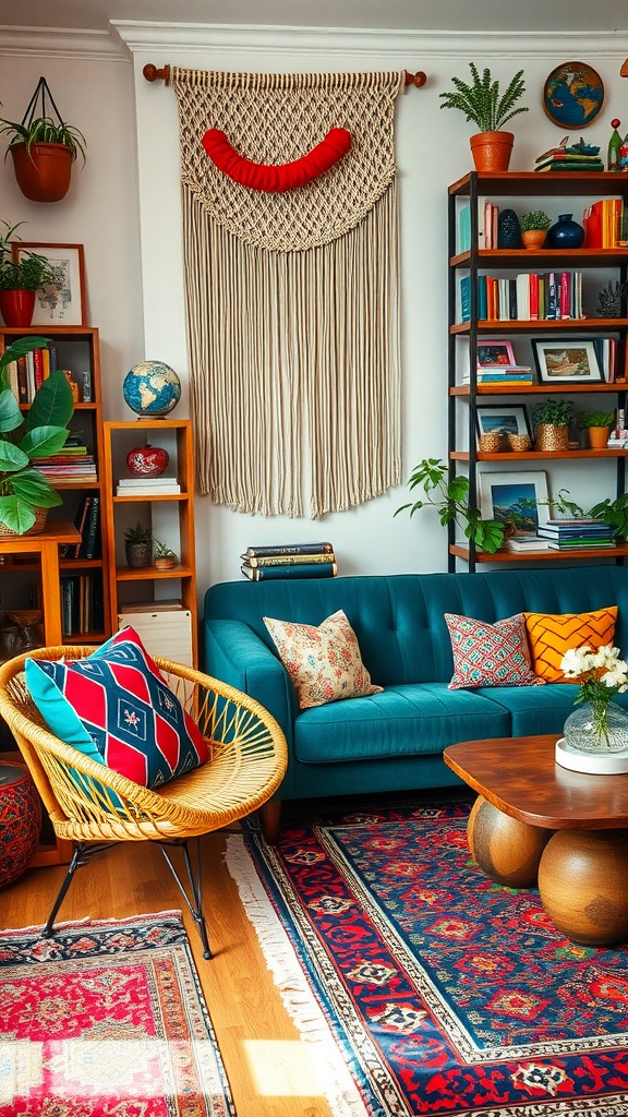 Eclectic boho chic living room featuring a blue couch, colorful pillows, and vibrant decor.