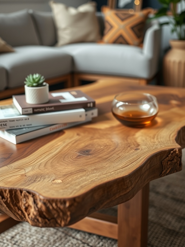 A close-up view of a live-edge coffee table with books, a decorative bowl, and a succulent plant, set in a cozy living room with a gray couch and decorative pillows.