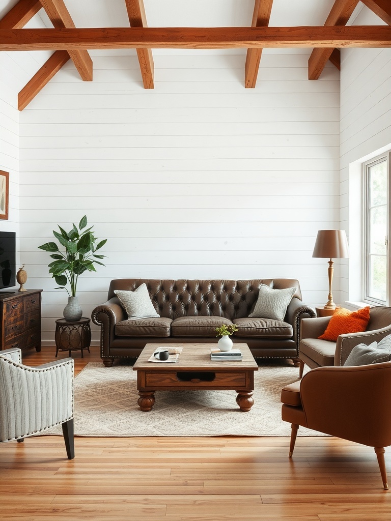 A stylish farmhouse living room featuring a leather sofa, wooden coffee table, and modern decor.