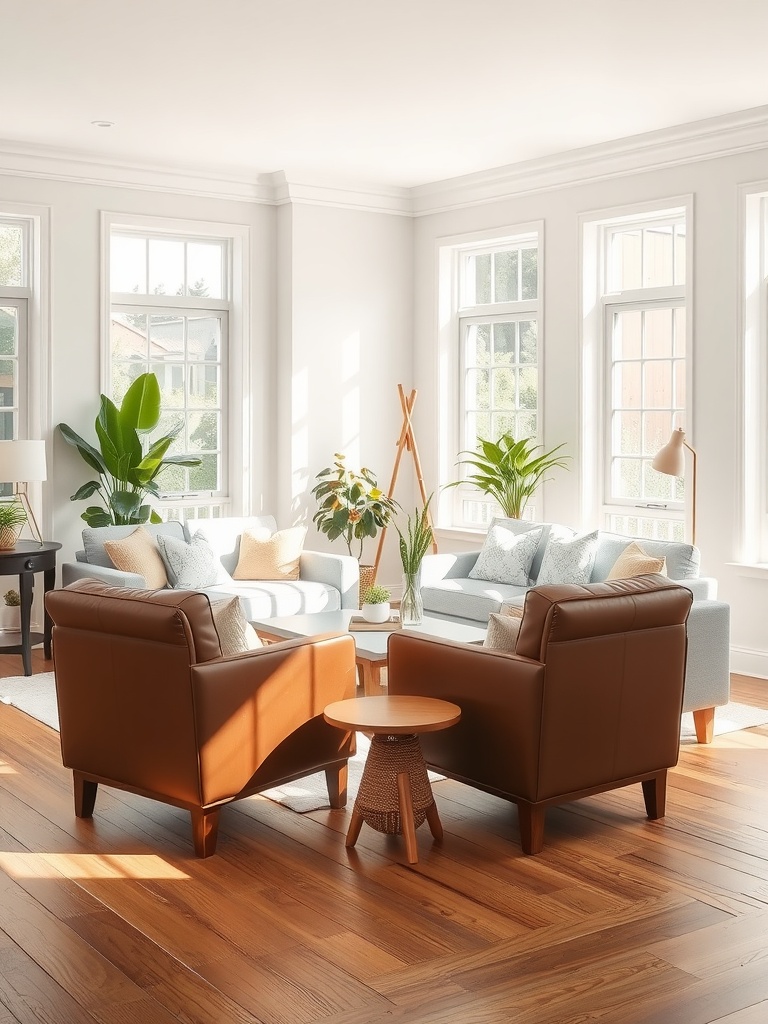 A living room featuring gray, white, and brown tones, large windows, plants, and leather chairs.