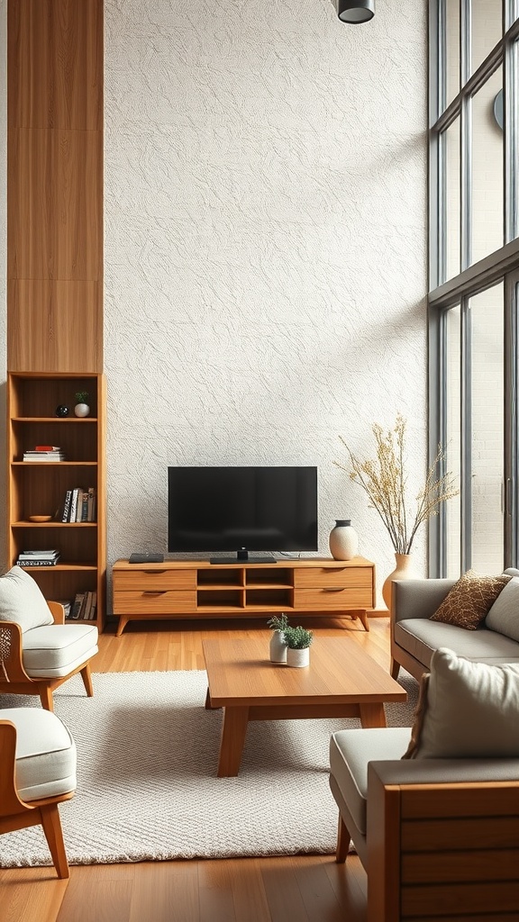 A cozy Japandi style living room with warm wood accents, featuring light wooden furniture, a large window, and soft textures.