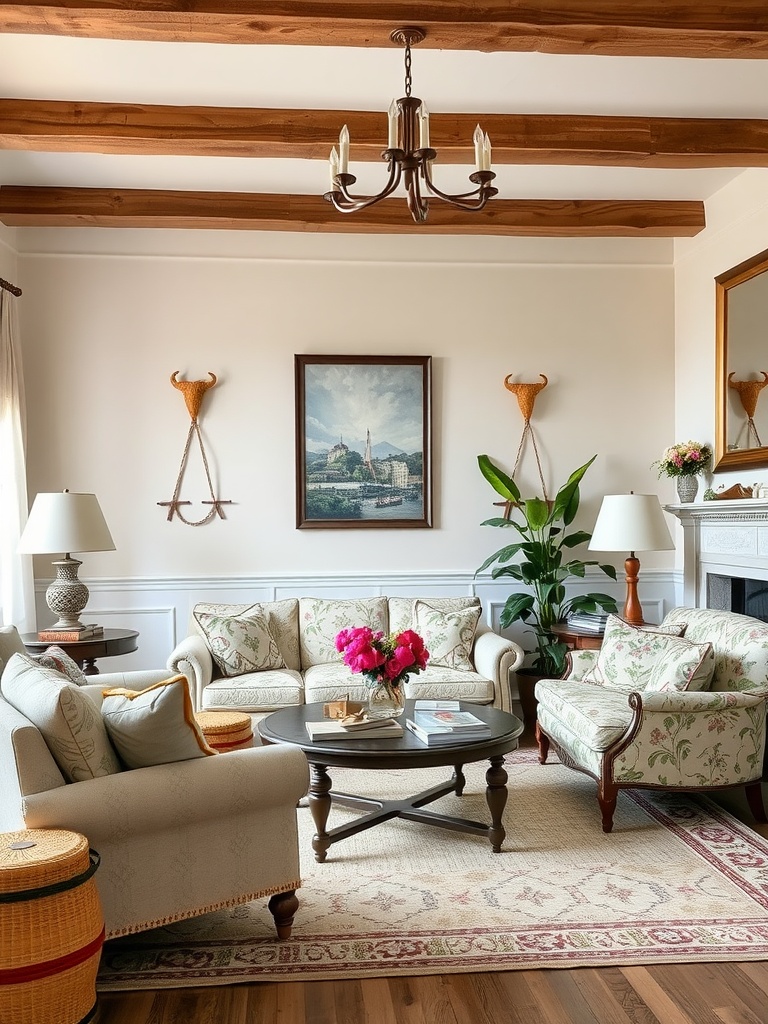 A cozy living room featuring floral sofas, wooden beams, a painting, and a green plant.