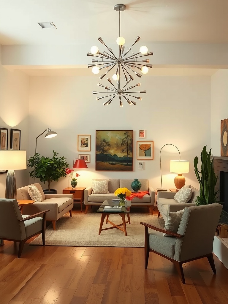 A mid-century modern living room featuring stylish lighting and contemporary furniture