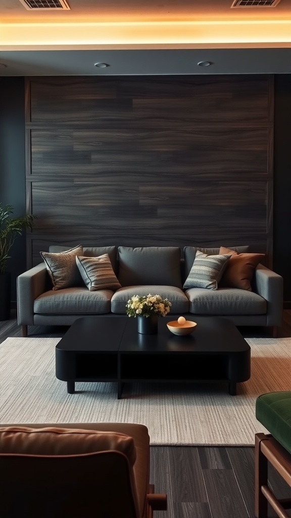 A moody Japandi living room with a gray sofa, dark wood wall, and minimalist decor.