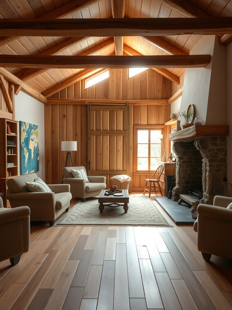 Cozy living room with tan, white, and brown colors, featuring wooden beams and stone fireplace.