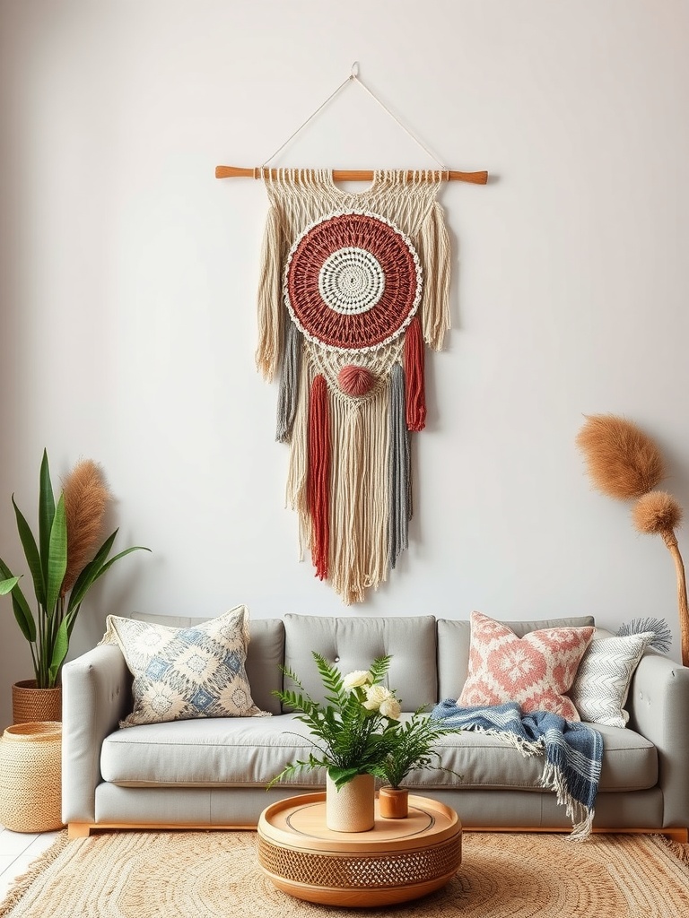 Boho wall hanging made of yarn in warm colors above a cozy sofa with decorative pillows and plants.