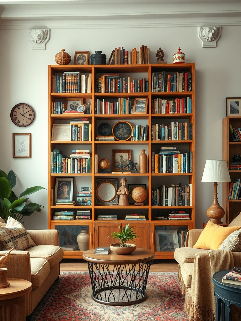 A cozy living room featuring a wooden bookshelf filled with books and decorative items, two sofas, a round coffee table, and a vibrant rug.