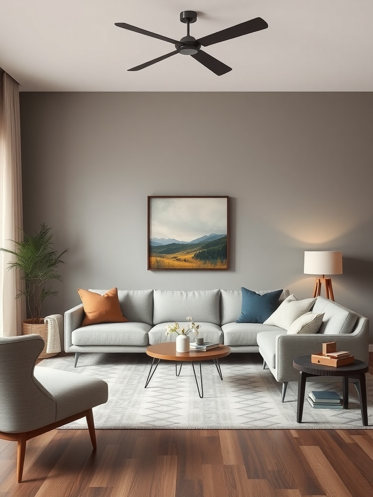 Mid-century modern living room featuring a neutral palette with pops of color, showcasing a sectional sofa, coffee table, and decorative elements.