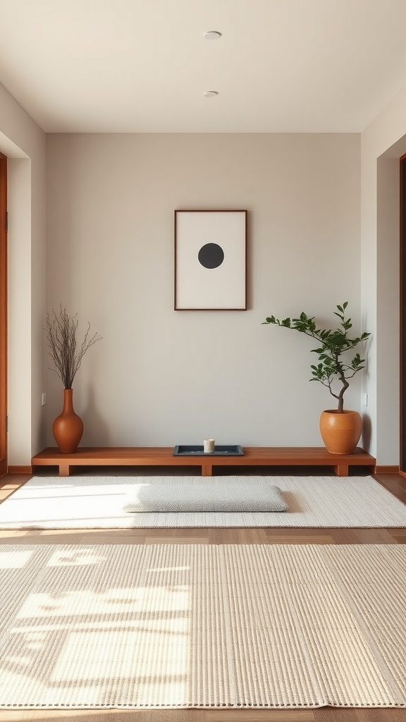 A minimalistic meditation corner featuring a wooden shelf, pottery, a mat, and plants in a neutral-toned room.