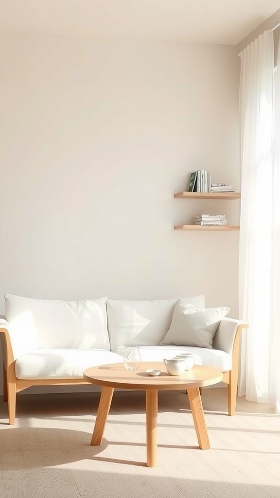 A light and airy Japandi living room featuring a white couch, a round wooden coffee table, and floating shelves with books.